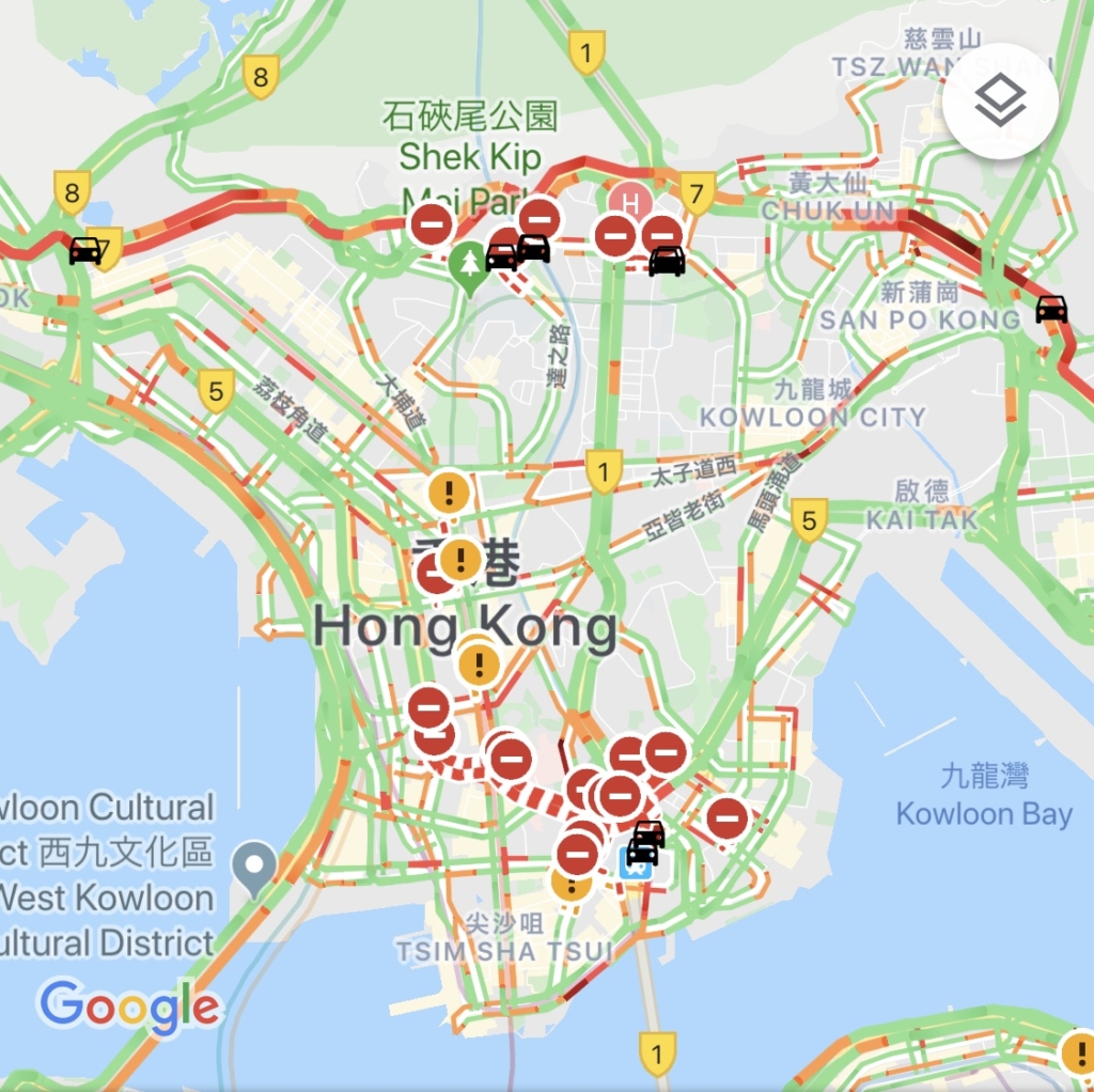 香港デモの交通妨害活動をGoogleマップで見るとこのようになります